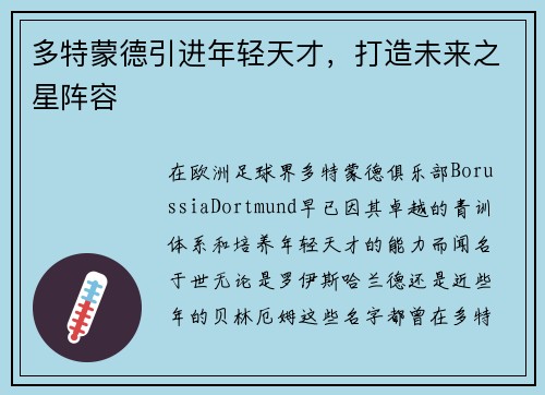多特蒙德引进年轻天才，打造未来之星阵容