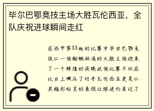 毕尔巴鄂竞技主场大胜瓦伦西亚，全队庆祝进球瞬间走红