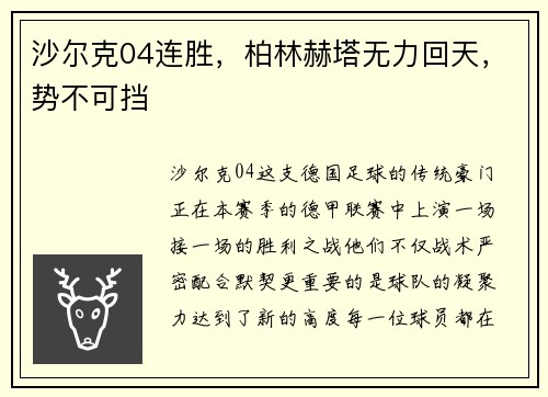 沙尔克04连胜，柏林赫塔无力回天，势不可挡