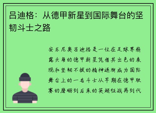 吕迪格：从德甲新星到国际舞台的坚韧斗士之路